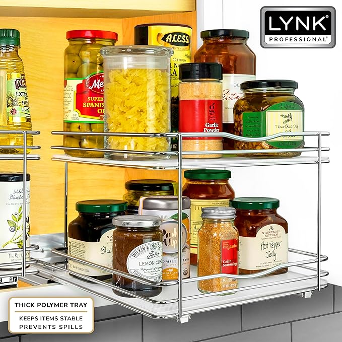 LYNK PROFESSIONAL짰 Pull Out Spice Rack Organizer for Inside Kitchen Cabinets - 10-3/8 inch Wide - Slide Out Drawer ??Chrome Sliding Spice Cabinet Organization Shelf Racks - 2 Tier