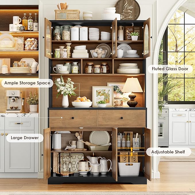 FINETONES 71" Pantry Cabinet, Tall Kitchen Pantry Storage Cabinet with Microwave Stand, Modern Kitchen Hutch Food Pantry with Open Countertop and Adjustable Shelf for Dining Room