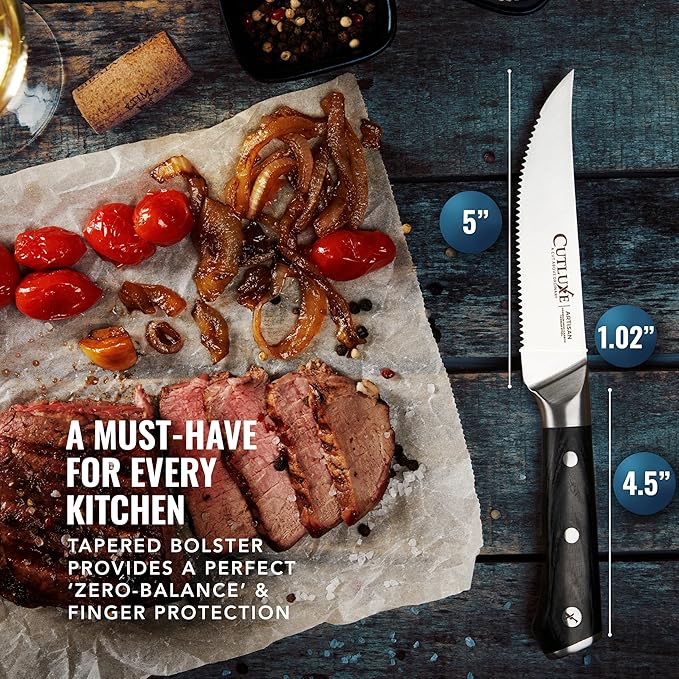 Cutluxe Steak Knives Set of 8, Serrated Steak Knives ??Forged High Carbon German Steel, Full Tang, Ergonomic Handle Design ??Artisan Series