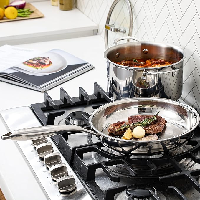 Cooking pots including glass lids, frying pan, set of 3 pots/pan, 횠16cm, 횠20cm, 횠26cm, dishwasher-safe, pots for induction, fully lined 3-ply stainless steel