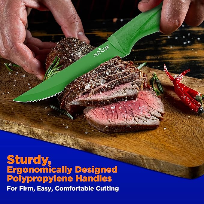 NutriChef Steak Knife Set of 8 - Premium Serrated Stainless Steel Kitchen Knife Set - Ergonomic Design, Sharp Blades, Non-Stick, & Rust-Resistant - Perfect for Home, BBQ's & Restaurants Green