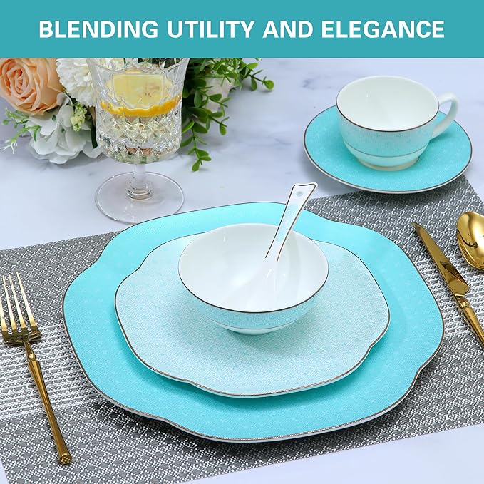 Blue 24 Piece Porcelain Dinnerware,Bone china set for 4,Plates and Bowls Sets With Silver checkered cross pattern, Highly Chip & Crack Resistant & Dishwasher (Light Blue + Checkered Cross)
