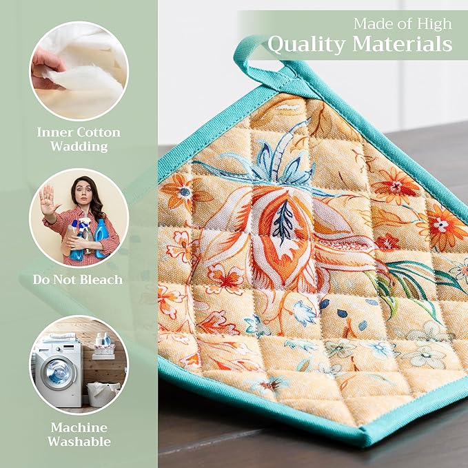 Maison d' Hermine Pot Holders Set 100% Cotton Heat Resistant Potholders 8" x 8" Hot Pads with Loop BBQ, Cooking, Grilling, Kitchen, Handling Hot Pans Spring/Summer (Pack of 2, Luxury Loft ??Peach)