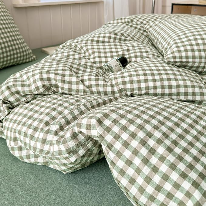 LifeTB Green Gingham Comforter Set King Modern Style Plaid Comforter Set 3 Pieces Boho Grid Comforter with 2 Pillowcases Soft Fluffy Checkered Pattern Comforter Farmhouse Gingham Bedding Set King