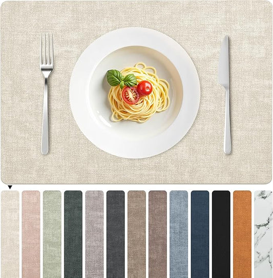 FROMHEART Faux Leather Placemats Set of 4?밯aterproof,Heat/Oil Stain-Resistant PU Table Mat?밨eversible,Non-Slip,Easy to Clean Place Mats for Kitchen,Dining,Indoor/Outdoor,(Beige,11.8" x 17")