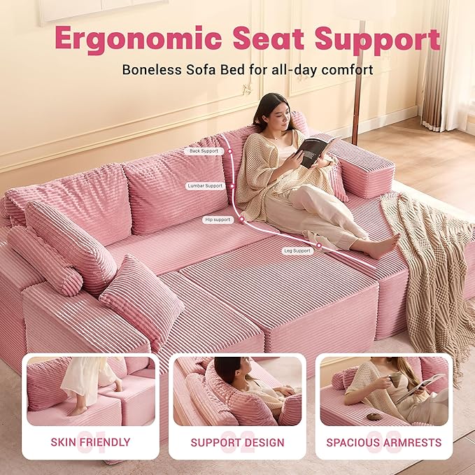 138" Boneless Couch with Deep Seat, Modular Sectional Sofa, Cloud Sectional Couch for Living Room, No Assembly Required, Corduroy, U-Shape 4 Seater Right, Pink