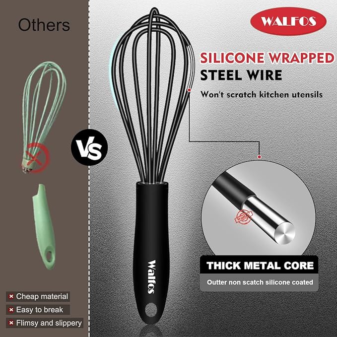 Walfos Whisk 5+7in/12cm+17cm Mini Whisk,Silicone Whisks Non Scratch Heat Resistant (480째F). Nice for stirring individual eggs and mixing small amounts of powder and sauce.Dishwasher Safe.Black
