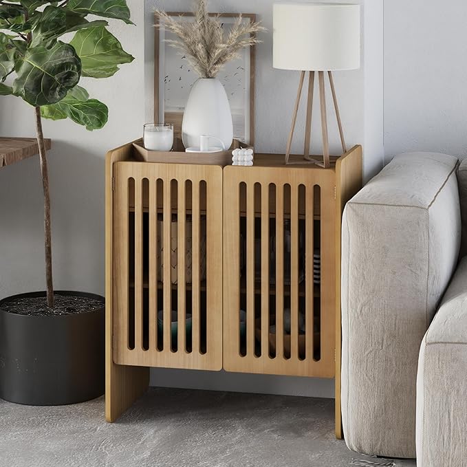COZAYH Modern 2 Door Wooden Storage Cabinet with Drawer, Mid-Century Slatted Door Accent Cabinet for Living Room or Dining Room, Magnetic Doors, Raised Legs, Natural Wood Color