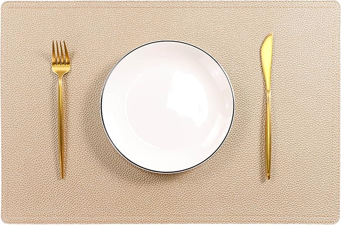 Set of 6 Faux Leather Placemats, PU Table Mats, Waterproof, Stain Resistant, Heat Resistant, Easy to Clean for Kitchen Dining Table,Conference Table C Gold Rectangle