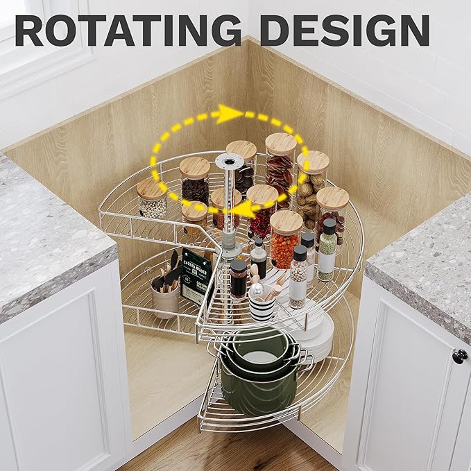 DWVO 28??Kidney 2-Tier Lazy Susan ??Telescoping Mount Corner Cabinet Organizer with Pie-Shelf Design, for Bathroom,Kitchen Cabinet Blind Corners (Chrome, 270째 Adjustable)