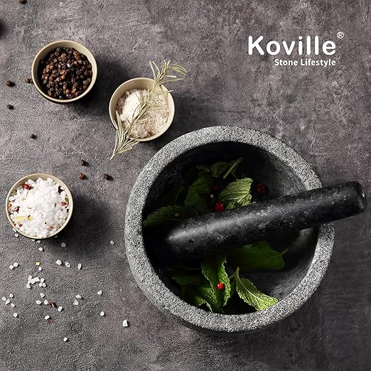 Koville Granite Mortar and Pestle Set, 7"-4 Cups Unpolished Stone Grinder Bowl for Guacamole, Salsa, Pill Crusher, Spice, Herb, Garlic, Nut, Heavy Duty Grinder for Kitchen(Angola Silver Black)