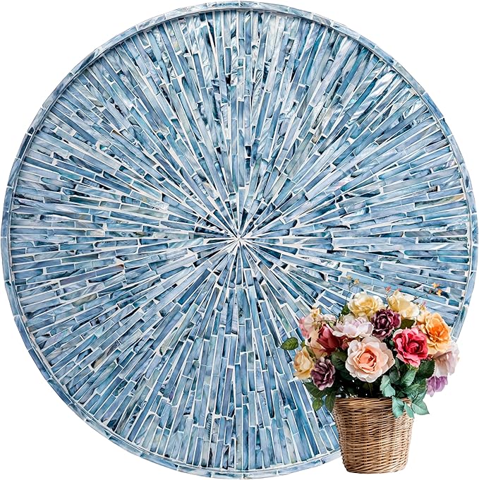PEMAR 22" Round Mother of Pearl Extra Large Ottoman Tray with Raised Edge, Oversized Decorative Luxury Wooden Serving Tray for Food, Coffee Table, Breakfast in Bed (Blue Sunlight)