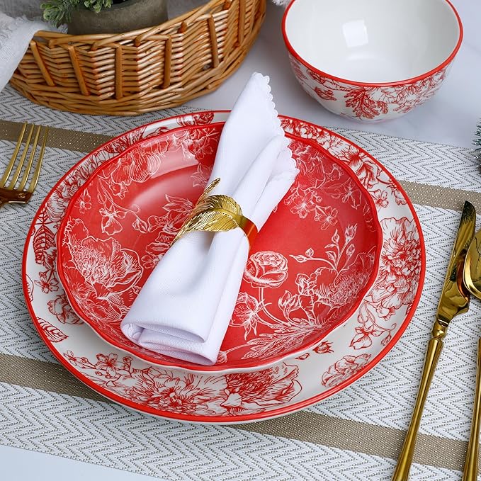 12-Piece Red Rose Dinnerware Set, Porcelain Plates with Full Red Pattern, Service for 4, Microwave and Dishwasher Safe