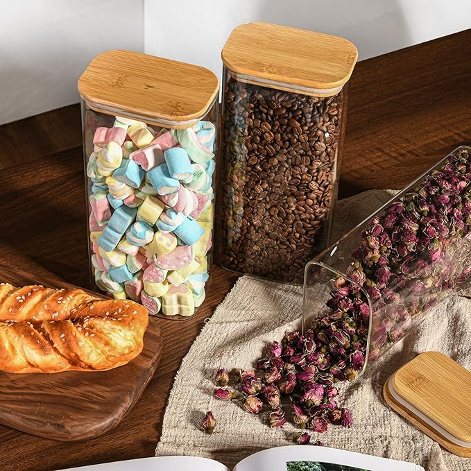 64oz Rectangle Airtight Glass Storage Containers with Bamboo Lids (Set of 4), Square Food Storage Jar, Pantry Organizers for Cereal, Flour, Pasta and Coffee beans (?럚ith Black Lable)