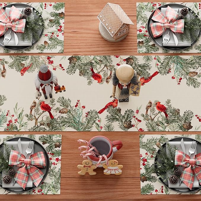 XCHI Cardinal Birds Winter Pine Tree Christmas Xmas Table Runner Table Decoration for Home Kitchen Dining Holiday Decor 13x120 Inch