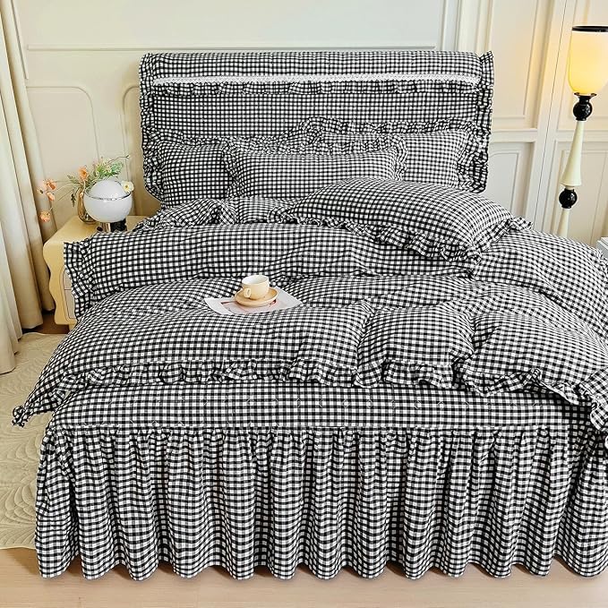 LifeTB Twin XL Comforter Set Black Gingham Comforter with 2 Pillowcases Vintage Ruffle Plaid Comforter Set Grid Bedding Checkered Pattern Comforter Fluffy Soft Plaid Gingham Bedding Set Twin XL