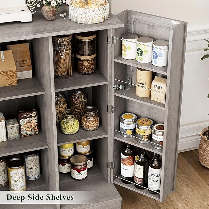 HOSTACK 71'' Pantry Cabinet, Tall Storage Cabinet with Microwave Stand, Freestanding Kitchen Hutch with Doors and Adjustable Shelves, Mordern Food Pantry for Kitchen, Dining Room, Ash Grey