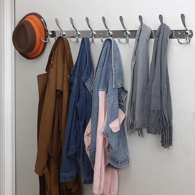 Dseap Coat Rack Wall Mount - 38??Long 10-Tri-Hooks Heavy Duty Coat Hanger Rail Wall Hooks for Hanging Coats Hats Clothing Clothes Purse Mudroom Entryway, Chromed