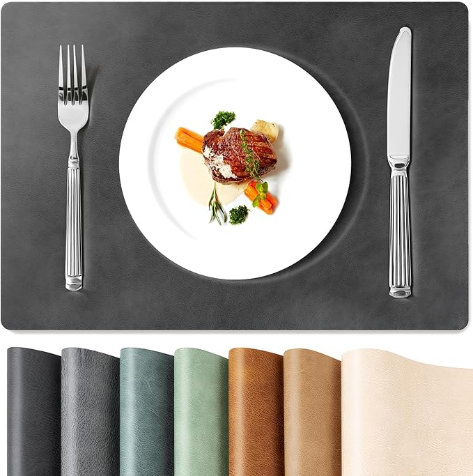 Roxifina Faux Leather Placemats Set of 8 - Vinyl Placemats Wipeable Waterproof Oil-Proof PU Place Mats Heat Resistant Reversible Table Mats for Dining, Kitchen, Outdoor, 12 x 17 Inch (Washed Black)