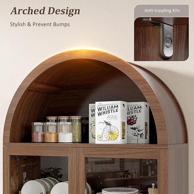 69" Tall Kitchen Pantry Storage Cabinet with Sliding Door, Modern Curved Edge Pantry Storage Cabinet with Glass Door & Adjustable Shelves, Walnut Cupboard for Kitchen, Dining Room, Living Room, Office