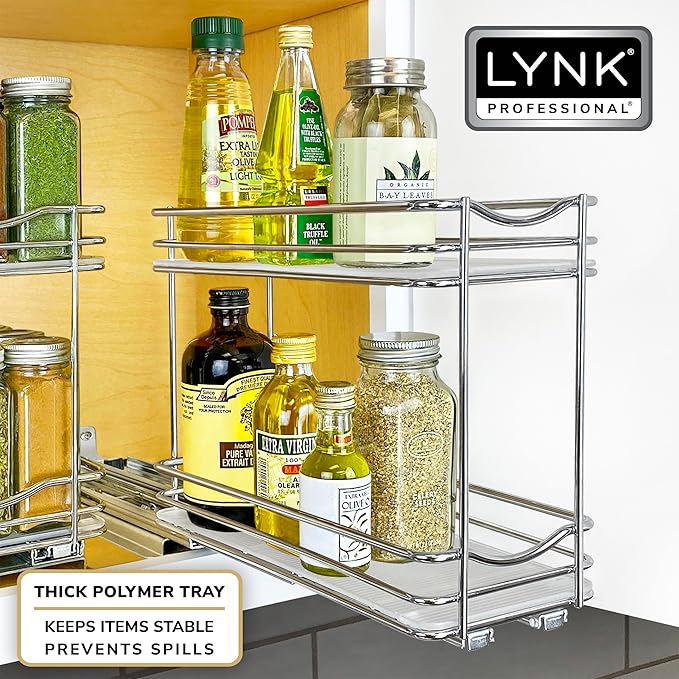 LYNK PROFESSIONAL짰 Pull Out Spice Rack Organizer for Inside Kitchen Cabinets - 4-3/8 inch Wide - Slide Out Drawer ??Chrome Sliding Spice Cabinet Organization Shelf Racks - 2 Tier