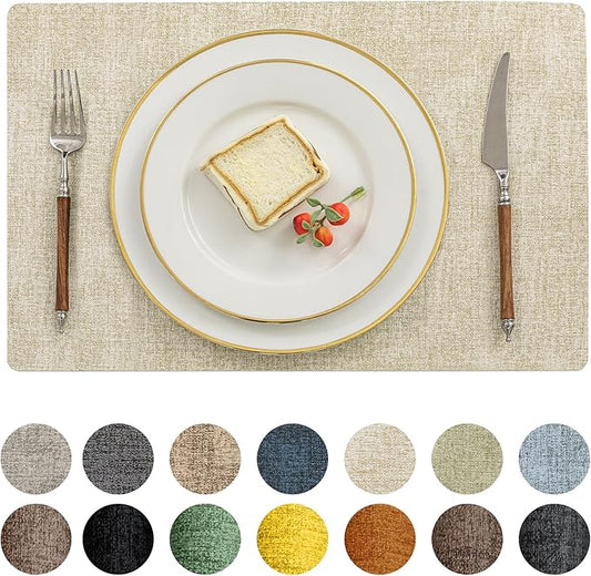 Romanstile Vinyl Placemats Set of 8-12 X 17 Inch - Heat Resistant Place Mats 100% Waterproof Oilproof Wipeable Reversible Faux Leather Table Mats for Kitchen, Dining, Party, Outdoor, Beige