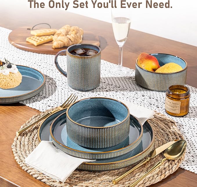 GBHOME Stoneware Dinnerware Sets for 4,Round Reactive Glaze Ceramic Plates and Bowls Set,Highly Scratch Resistant| Dishwasher & Microwave Safe Dishes Set,Service for 4(12pcs)