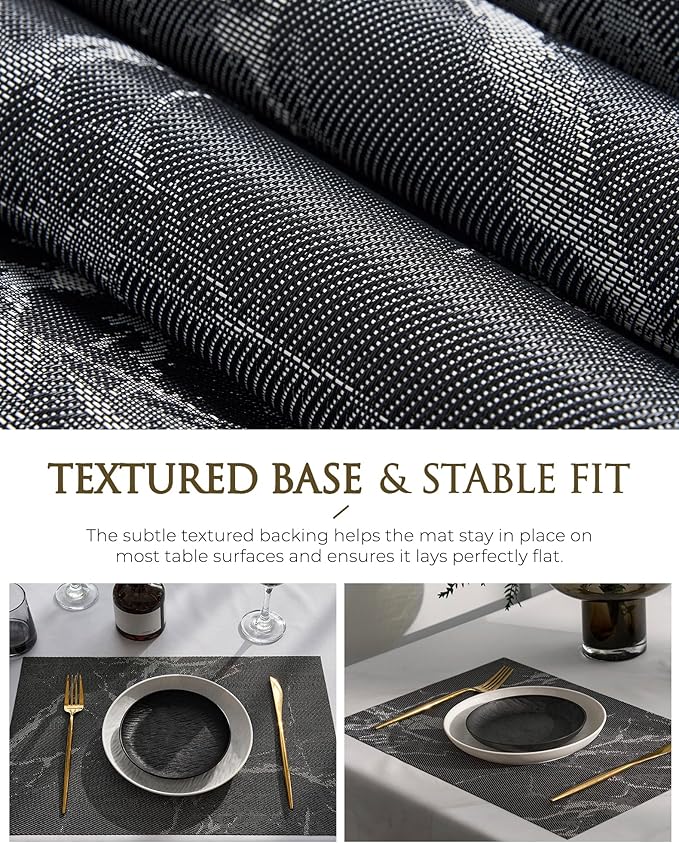 Leetaltree Reversible Marble Placemats Set of 4 - Ships Flat and Stays Flat, Durable Washable Vinyl PVC Placemats, Heat Resistant, Easy Wipe Clean (Black Marble Pattern)