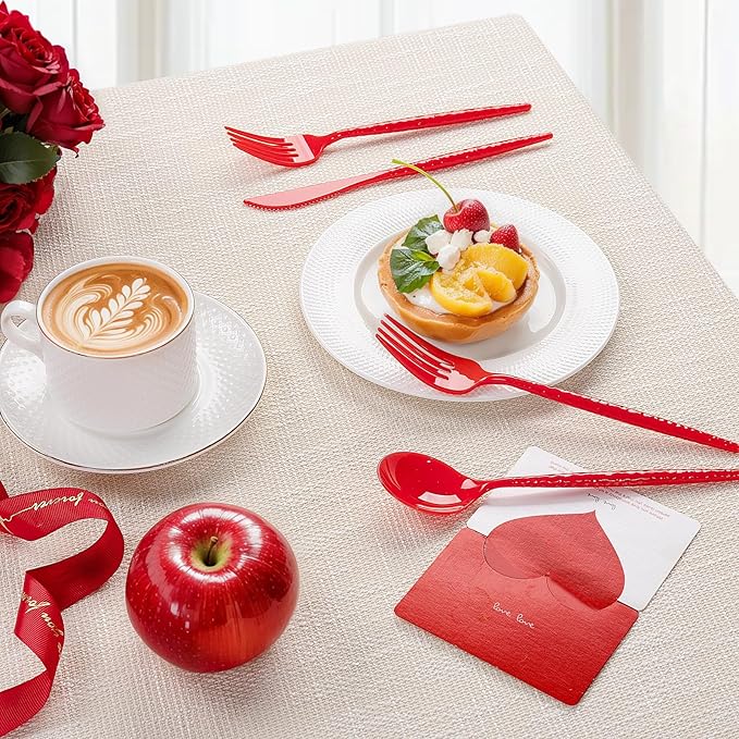 LIYH 150 Pcs Red Plastic Cutlery Sets - Red Plastic Silverware Heavyduty,Disposable Utensil Sets, 50 of Each Forks, Knives & Spoons Flatware Set for Party Birthday Valentine's Day Mother's Day