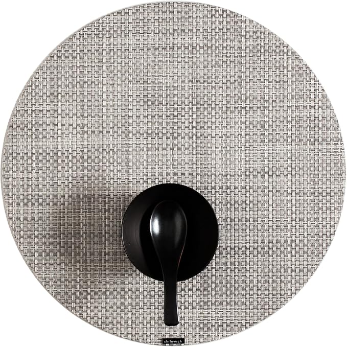 Chilewich Basketweave Placemats in White/Silver - Set of 4 - Easy Care Woven Tabletop Textiles - Indoor/Outdoor - 15" Round
