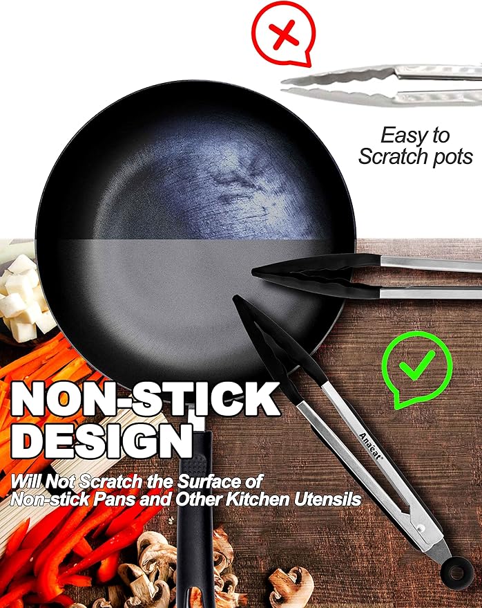 Anaeat Non-Stick Silicone Locking Tong Set of 3 - Stainless Steel 7", 9", 12" Kitchen Food Tongs with Non-Slip Silicone Tips and Grip for Cooking, Baking and BBQ - Heat Resistant up to 480째F (Black)