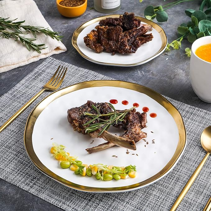 Stone Lain Modern Poreclain 16 Piece Dinnerware Set, Plates and Bowls Set, Dish set for 4, White And Golden Rim