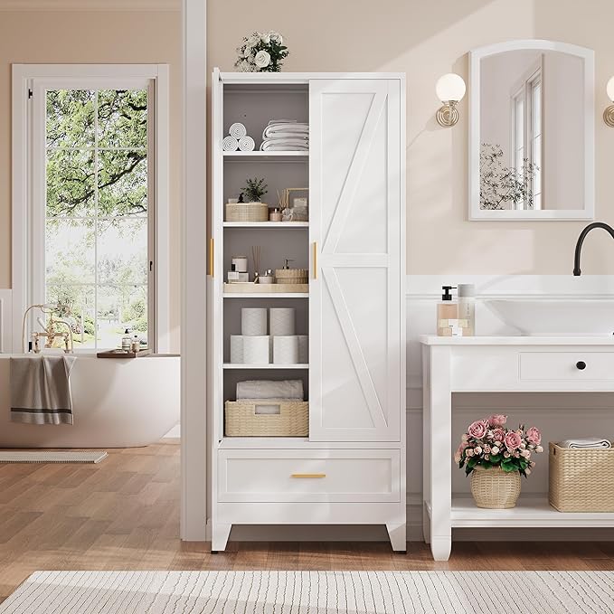 71?쏦 Kitchen Pantry Cabinet with Drawers,Tall Kitchen Pantry Cabinets,Metal Food Storage Cabinets, White Pantry Cabinet with 4 Doors, Large Freestanding Cabinets for Dining Room, Living Room