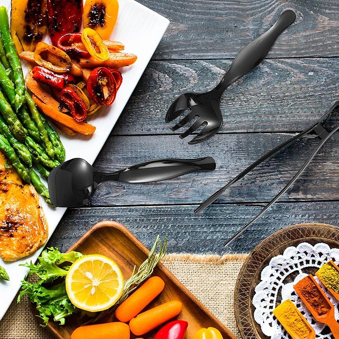 48 Pcs Black Plastic Serving Utensils Set 9'' Disposable Serving Utensils Spoons Forks Tongs for Serving Food Party Utensils Supplies for Buffet Banquets Weddings Restaurant Dinner Salad