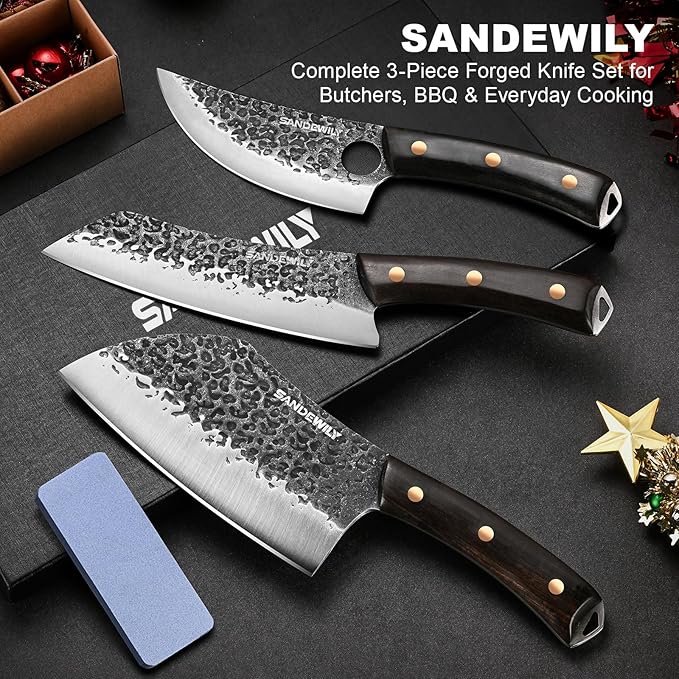 Hand Forged Butcher Knife Set, 7" Meat Cleaver + 8" Chef Knife + 6" Viking Knife, Full Tang High Carbon Steel, Wooden Handle, Whetstone, Durable for Meat Cutting, BBQ and Outdoor Cooking
