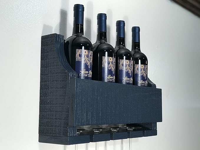 Barnwood Wall Mount Wine Rack Holds 4 Wines and 4 Long Stem Glass Rustic Reclaimed Wood (Oceanside Blue)
