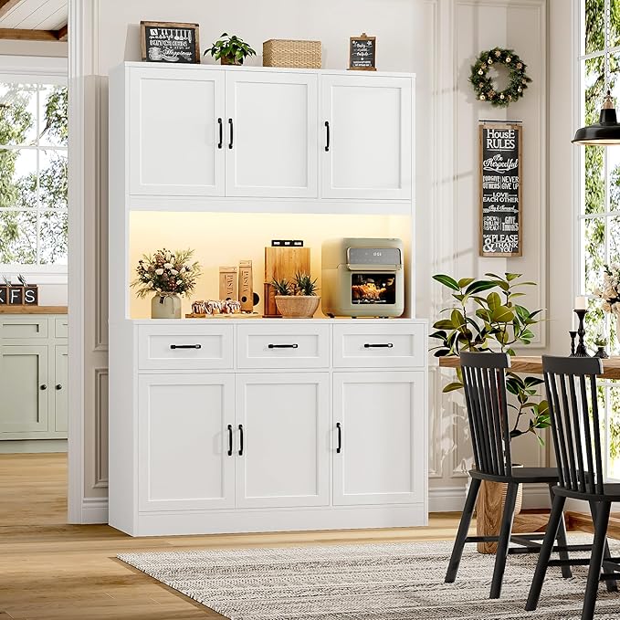HOSTACK 72" Tall Kitchen Pantry Cabinet with Charing Station | LED Lights, 47" W Kitchen Pantry Storage Cabinet with Countertop, Modern Kitchens Hutch Cabinets with Storage for Dining Room, White