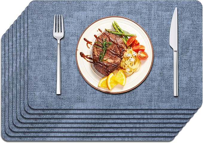 Maxpearl Set of 8 Faux Leather Table Placemats ??Heat Resistant, Waterproof, Easy to Clean, Non-Slip Mats for Dining Table, Kitchen, Indoor & Outdoor, 17?쓝12?? Blue