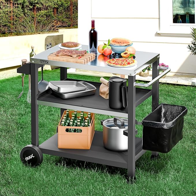 NUUK 3-Shelf Grill Cart for Outdoor with Stainless Steel Top ??20" x 32" Movable Pizza Oven Stand with Wheels Kitchen Prep Table BBQ Cart Worktable