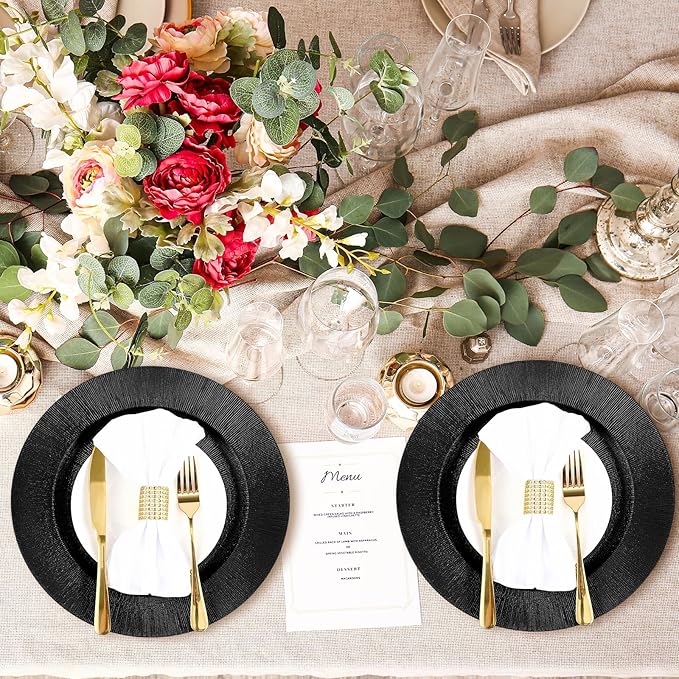 Tanlade 50 Pcs Charger Plates Bulk, 13 Inch Plastic Round Charger Dinner Plates Elegant Wedding Serving Plate for Event Tabletop Wedding Party Bridal Baby Shower Decor (Black)