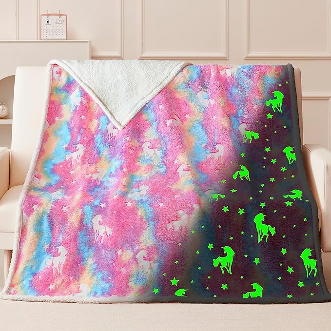 QSTEHEML Unicorns Glow in The Dark Blanket,Unicorn Gifts Sherpa Fleece Throw Blanket for Girls Age 3-12 Year Old, for Teens- Christmas Birthday Bedroom Decor 50"횞60"