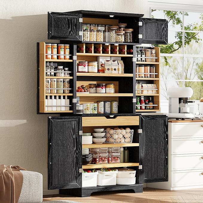 78" Farmhouse Tall Kitchen Pantry Cabinet, Wood Storage Cabinets with Hidden Drawer and 4 Adjustable Shelves, Cupboard with Wine Rack and Door Shelves for Kitchen Dining Room, Black