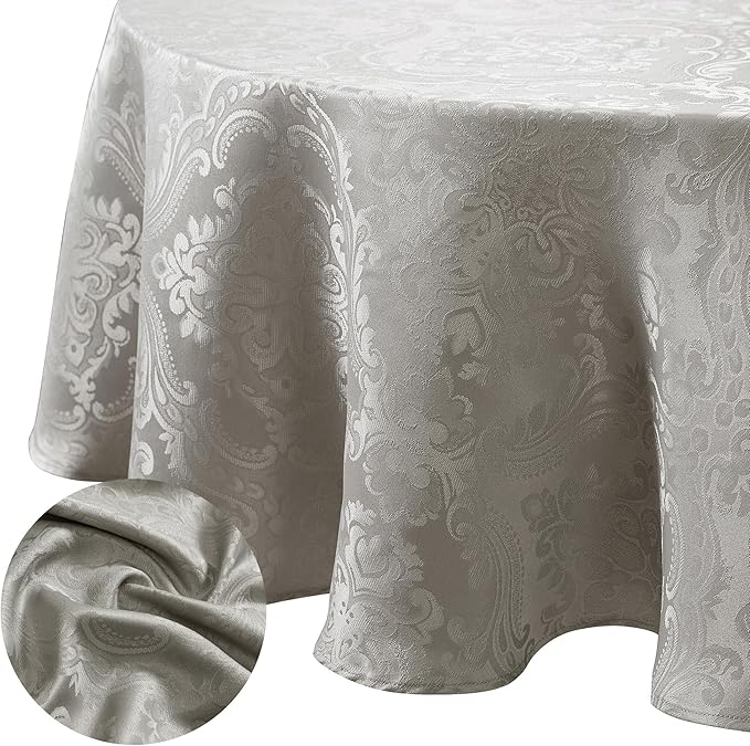 Elrene Home Fashions Caiden Elegance Damask Waterproof, Stain & Wrinkle Resistant Fabric Tablecloth, 70" Round, Silver