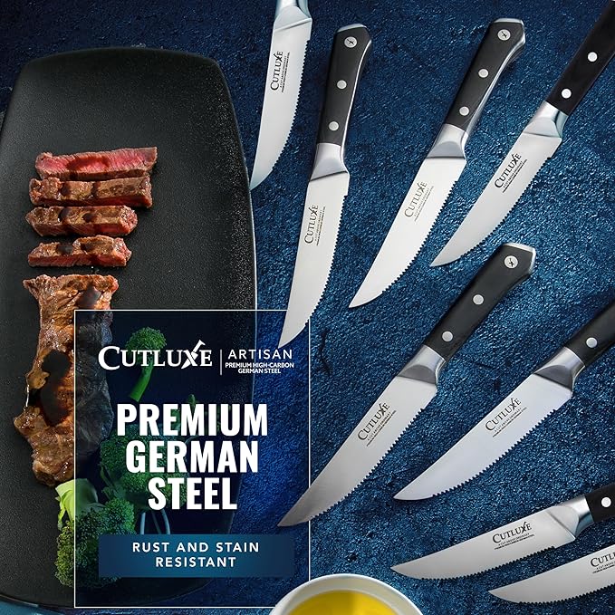 Cutluxe Steak Knives Set of 8, Serrated Steak Knives ??Forged High Carbon German Steel, Full Tang, Ergonomic Handle Design ??Artisan Series