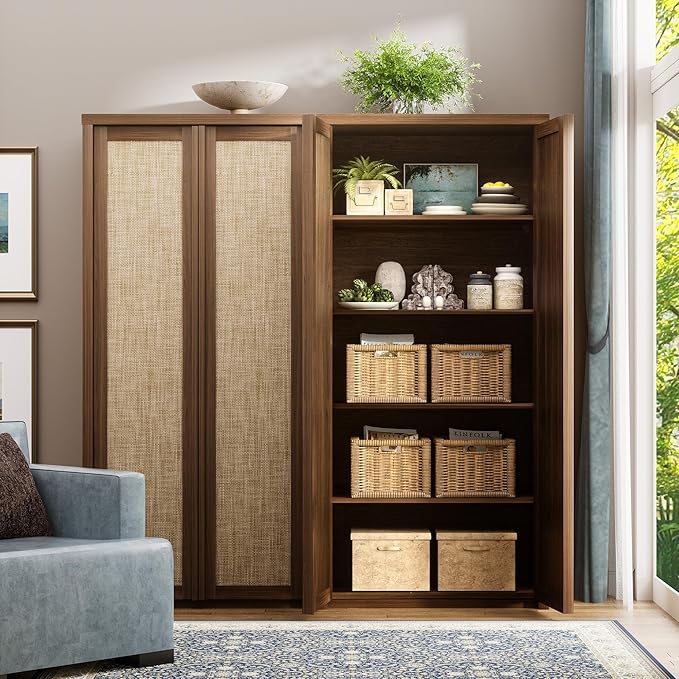 Yechen 67" Tall Kitchen Pantry Cabinet,Rattan Storage Cabinet with Solid Wood Integrated Handleand Adjustable Shelves, Cupboard with Doors for Livingroom, Dining Room, Dark Walnut (2 Piece)