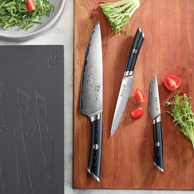 Cangshan KURO Series 3-Piece Starter Knife Set with Ash Wood Box, High Carbon X-7 Damascus Steel, 504319