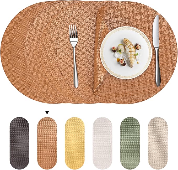 PROMATTOO Round Faux Leather Placemats Set of 4 ??13 Inch Vinyl Table Mats, Heat Resistant, Non Slip, Wipeable & Washable, Easy to Clean Dining Table Decor for Kitchen & Dining Room ??Cinnamon Brown