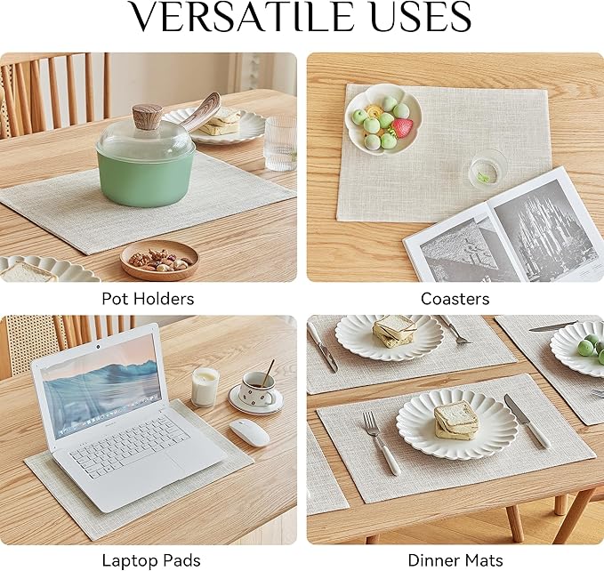Softalker Faux Linen Placemats Set of 4-12 x 18 Inch, Heat Resistant Double Layered Durable Burlap Farmhouse Place Mats, Non-Slip Washable Rustic Table Mats for Dining, Kitchen, Party竊뉱ream