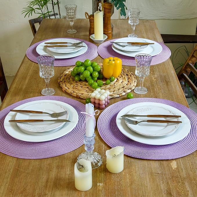 FunWheat Round Braided Placemats Set of 6 Table Mats for Dining Tables Woven Washable Non-Slip Place mats 15 inch(Lilac Purple, 6pcs)