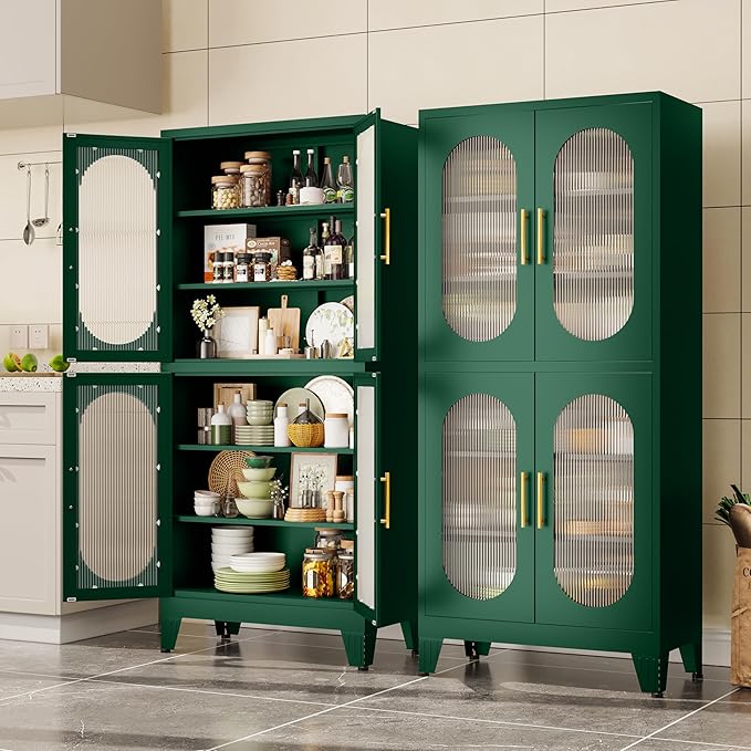 Pantry Storage Cabinet, 61" Pantry Cabinets with Acrylic Glass Doors and Adjustable Shelves, Metal Kitchen Storage Cabinet for Kitchen, Living Room, Laundry Room and Dinning Room（Green）